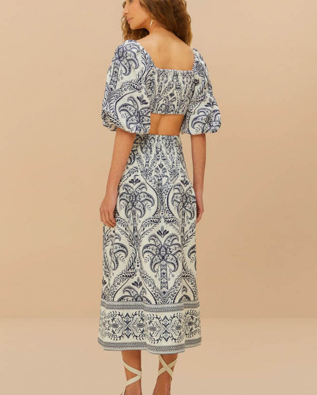 Blue Tropical Cameo Off-White Blouse and Midi Skirt Set