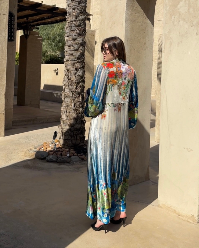 Blue Velvet V-Neck with Sequin Bead Work Hand Emb Along the Print Wide Sleeved Natural Symphony Digi-Print Jalabiya