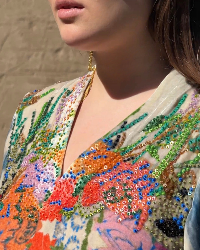 Blue Velvet V-Neck with Sequin Bead Work Hand Emb Along the Print Wide Sleeved Natural Symphony Digi-Print Jalabiya