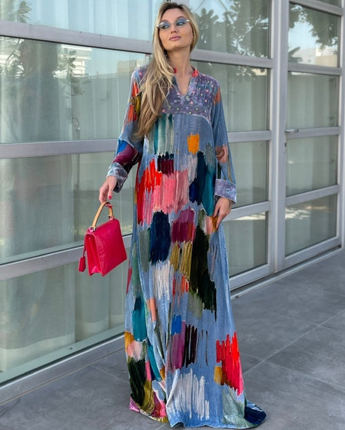 Blue Velvet Mandarin Collar with V-Slit Opening Bead Work Hand Emb Star and Floral Buttas on Yoke Breezy Strokes Digi-Print Jalabiya