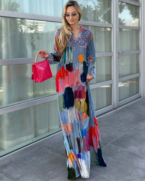 Blue Velvet Mandarin Collar with V-Slit Opening Bead Work Hand Emb Star and Floral Buttas on Yoke Breezy Strokes Digi-Print Jalabiya