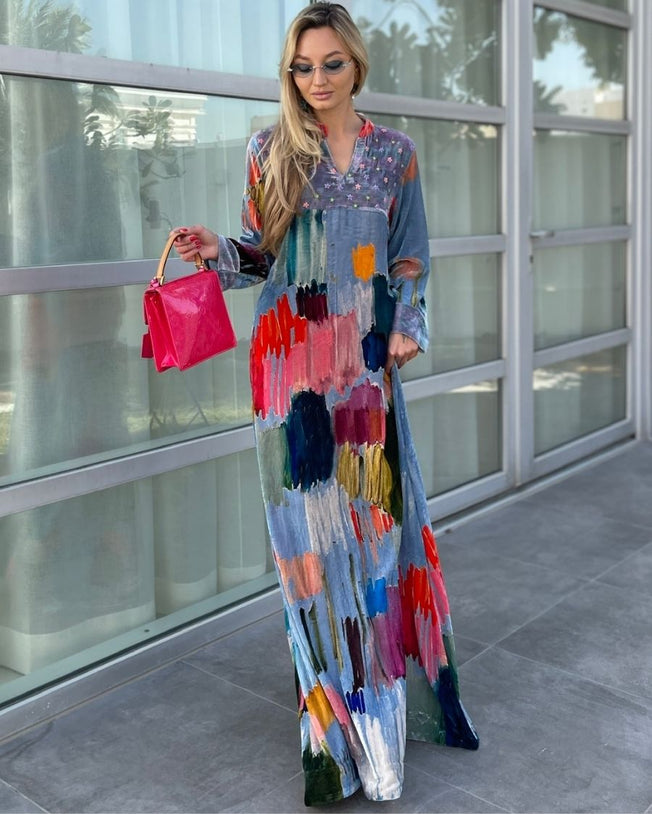 Blue Velvet Mandarin Collar with V-Slit Opening Bead Work Hand Emb Star and Floral Buttas on Yoke Breezy Strokes Digi-Print Jalabiya