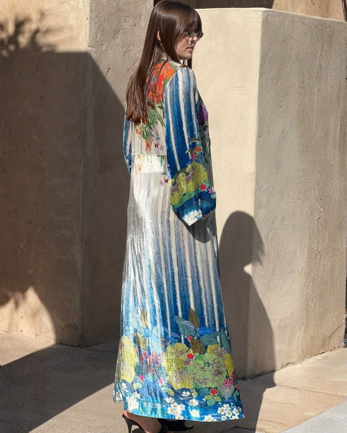 Blue Velvet V-Neck with Sequin Bead Work Hand Emb Along the Print Wide Sleeved Natural Symphony Digi-Print Jalabiya