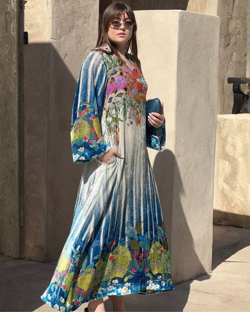 Blue Velvet V-Neck with Sequin Bead Work Hand Emb Along the Print Wide Sleeved Natural Symphony Digi-Print Jalabiya