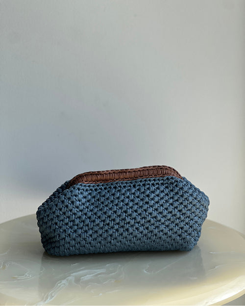 Hand-Crocheted Recta Cotton Bag in Light Blue with Brown Handle