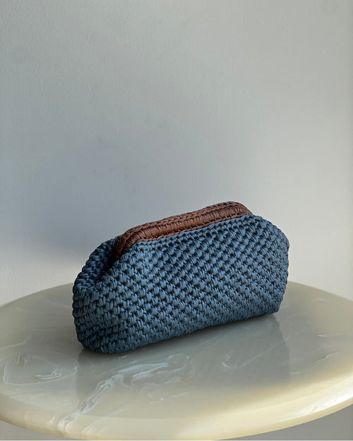 Hand-Crocheted Recta Cotton Bag in Light Blue with Brown Handle