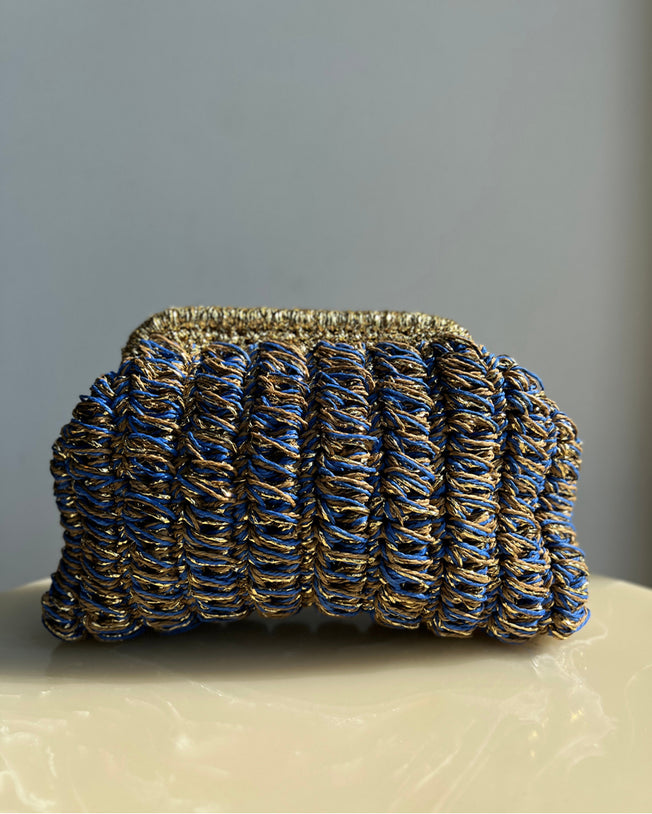 Hand-Crocheted Recta Raffia Bag in Blue with Gold Handle