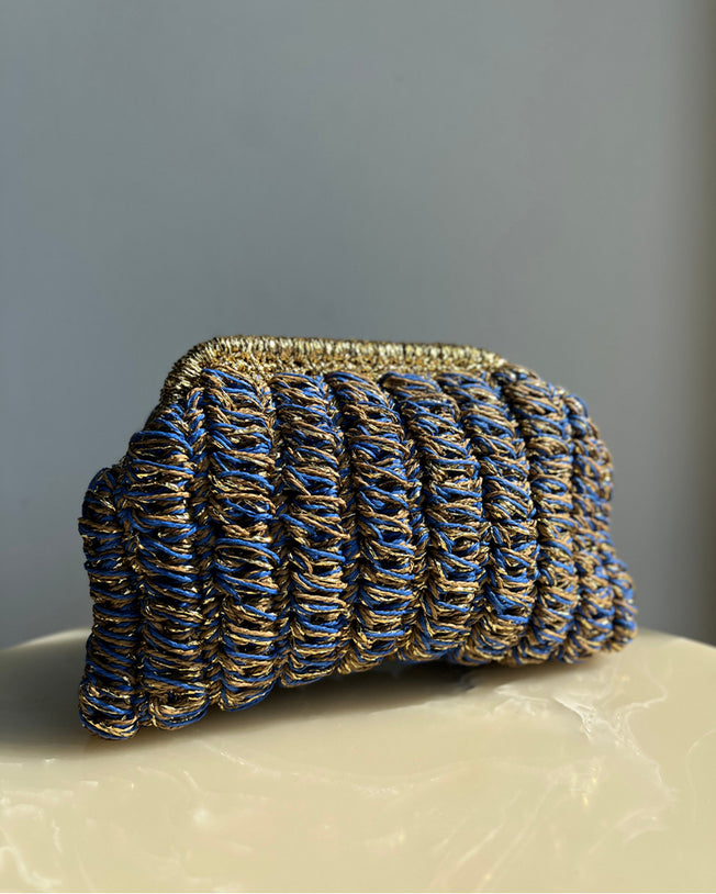 Hand-Crocheted Recta Raffia Bag in Blue with Gold Handle