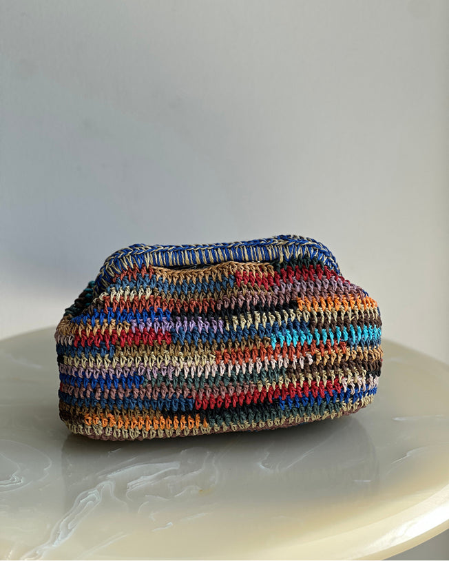 Hand-Crocheted Recta Cotton Bag in Blue with Multicolors
