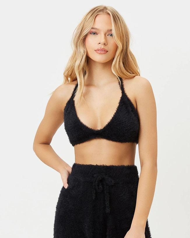 Boardwalk fuzzy bra top with rebel fuzzy short set_black