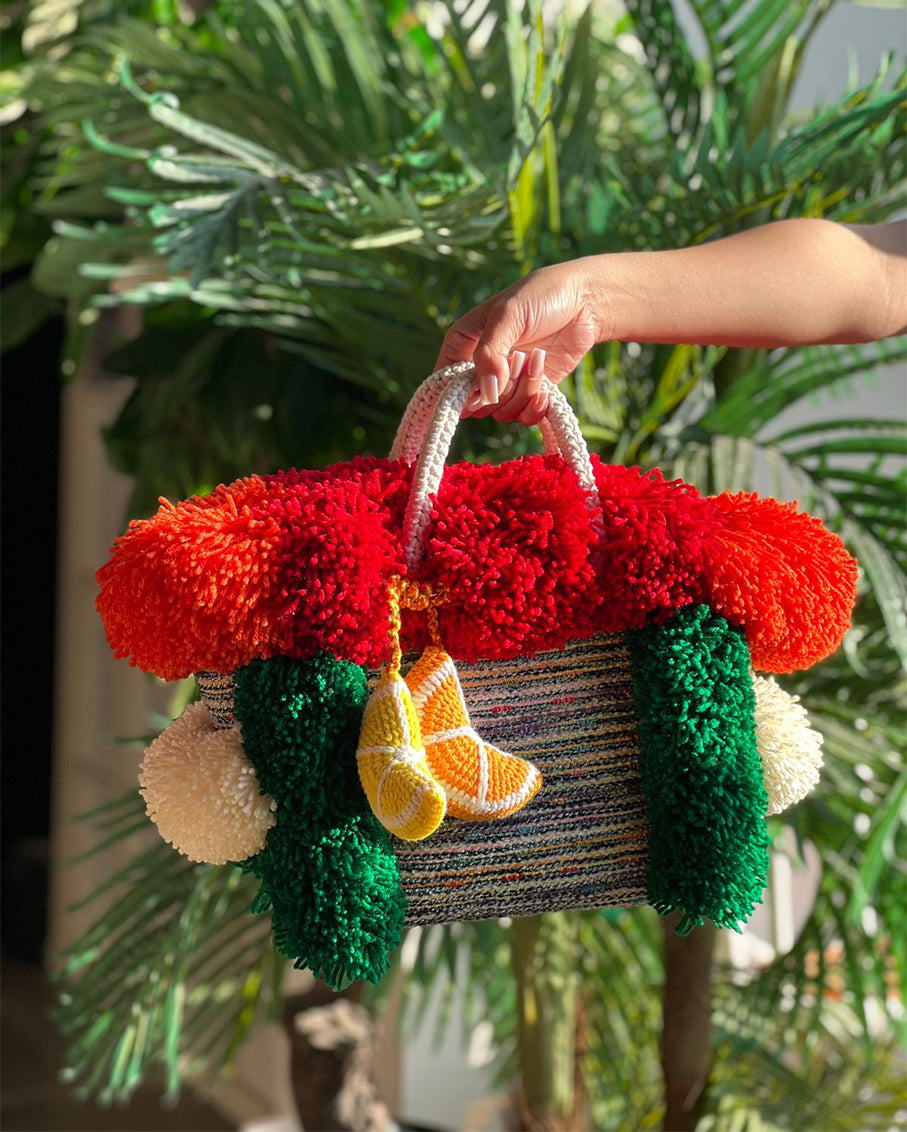 Boucle Knot Basket Bag With Playful Oversized Pompoms And Hand