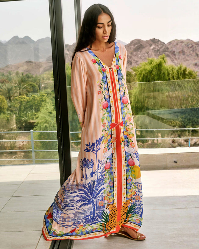 Bree Sleeveless Dress with Scenic Printed Florals, Leopards and Stars in Pastel Peach