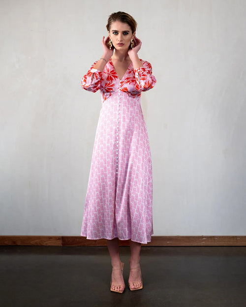 Button Tea Dress Pink/Red