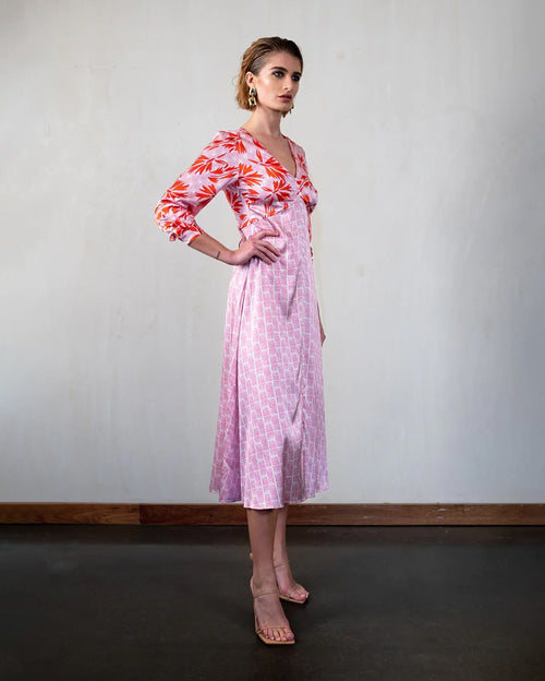 Button Tea Dress Pink/Red