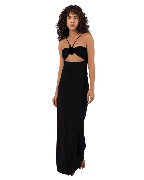 Long dress with a 3 d flower-black