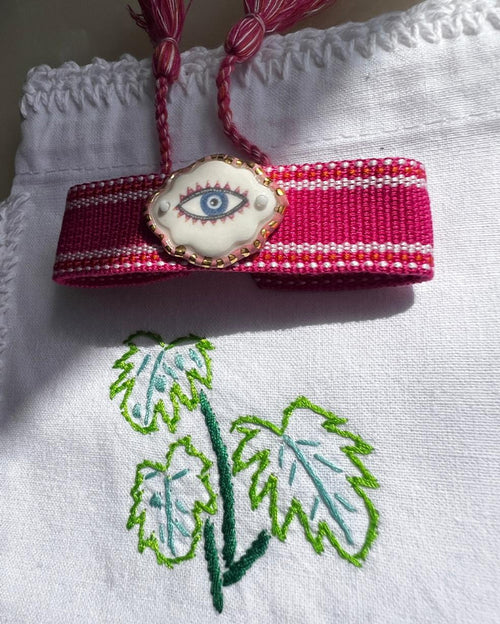 Limited Edition Woven Bracelet with Hand - Painted Ceramic Charm - Pink