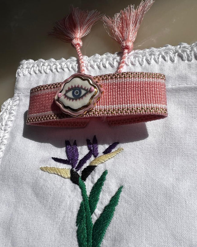 Limited Edition Woven Bracelet with Hand - Painted Ceramic Charm - Light Pink