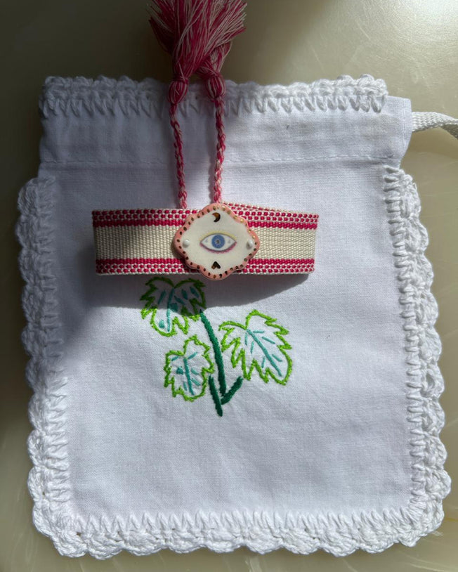 Limited Edition Woven Bracelet with Hand - Painted Ceramic Charm - Pink White