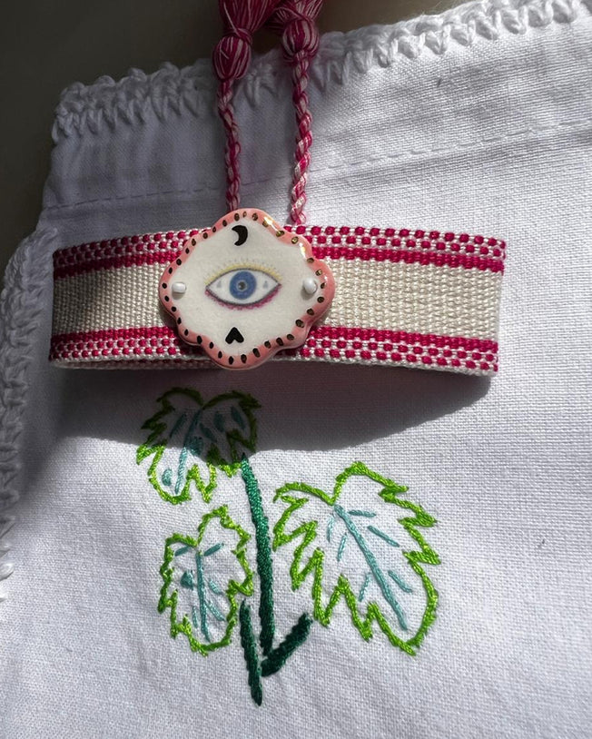 Limited Edition Woven Bracelet with Hand - Painted Ceramic Charm - Pink White