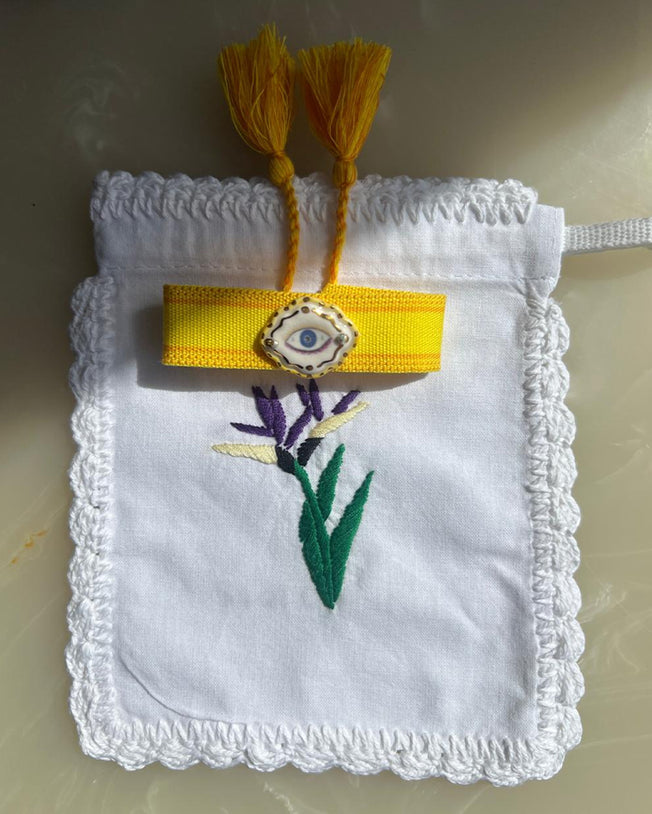 Limited Edition Woven Bracelet with Hand - Painted Ceramic Charm - Yellow
