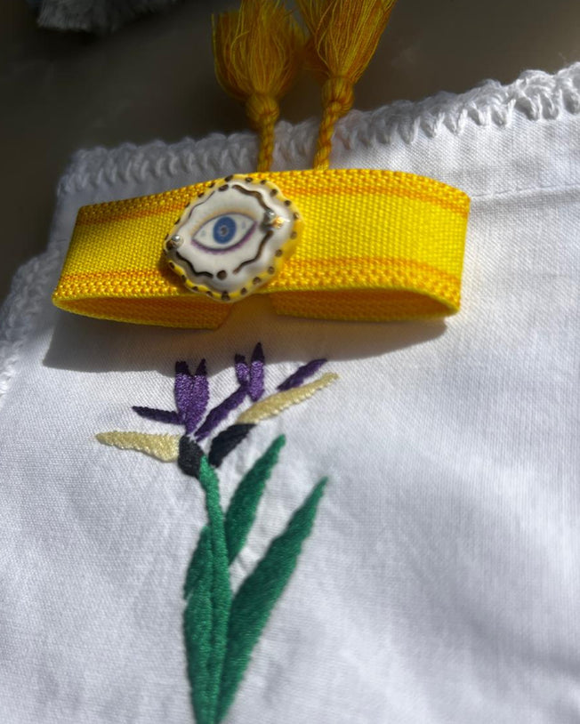 Limited Edition Woven Bracelet with Hand - Painted Ceramic Charm - Yellow