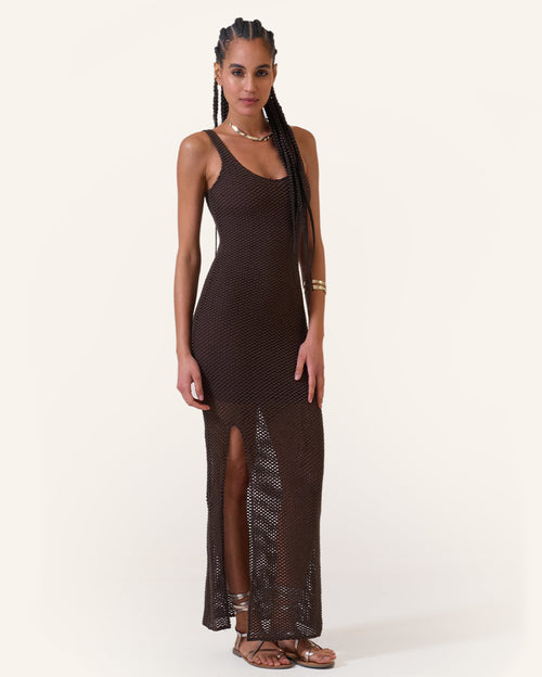 Chocolate Crochet Maxi Dress Lined