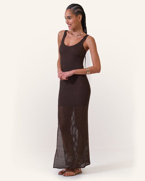 Chocolate Crochet Maxi Dress Lined
