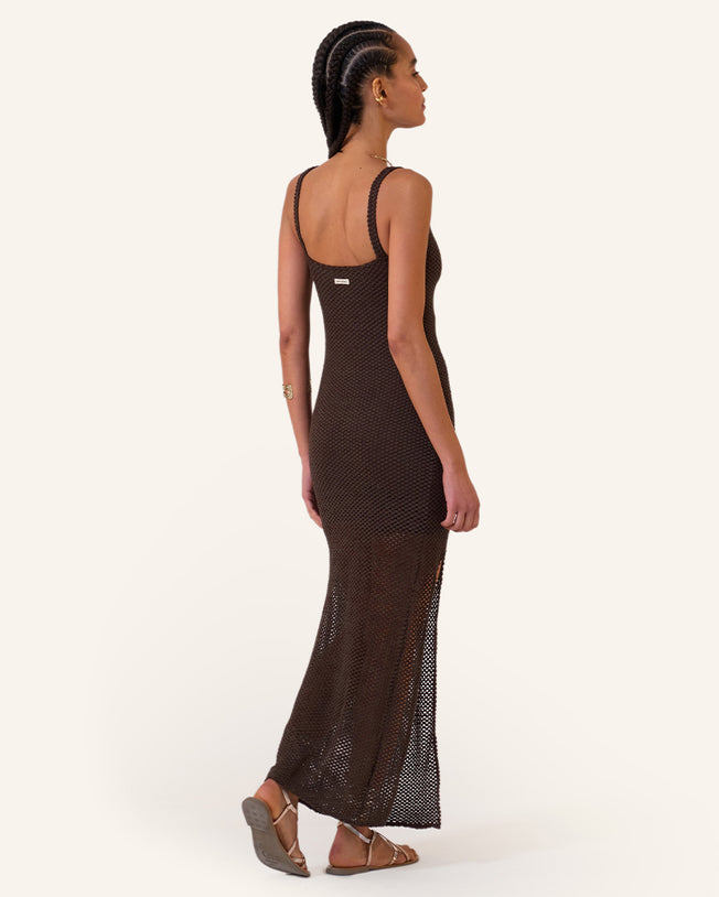 Chocolate Crochet Maxi Dress Lined