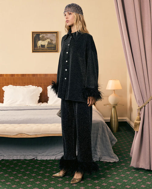 Cosmos Oversized Lurex Pajamas Set with Detachable Feathers in Black