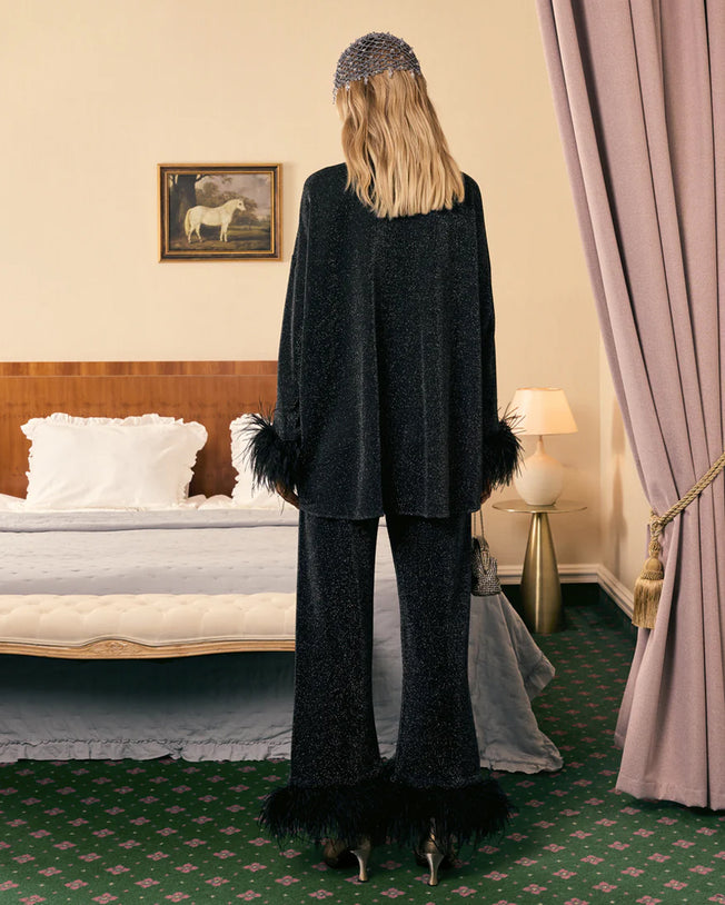 Cosmos Oversized Lurex Pajamas Set with Detachable Feathers in Black