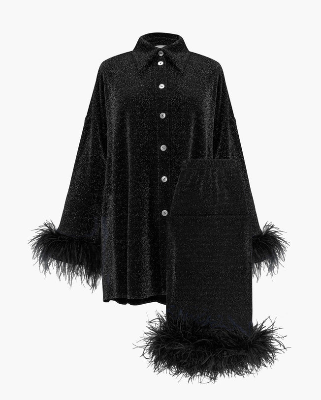 Cosmos Oversized Lurex Pajamas Set with Detachable Feathers in Black