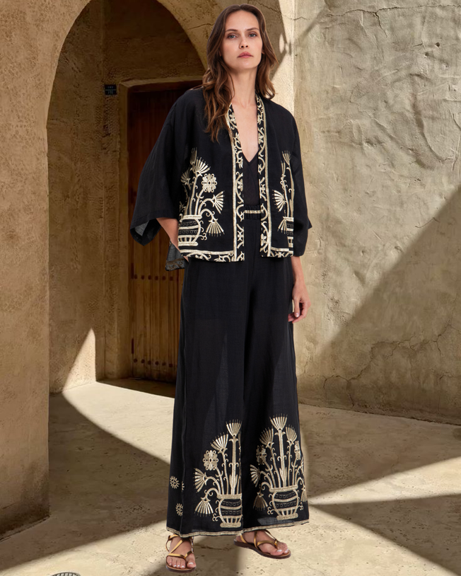 Crete Short Kimono and Elastic Waistband Pants Embroidered Set - Black Gold