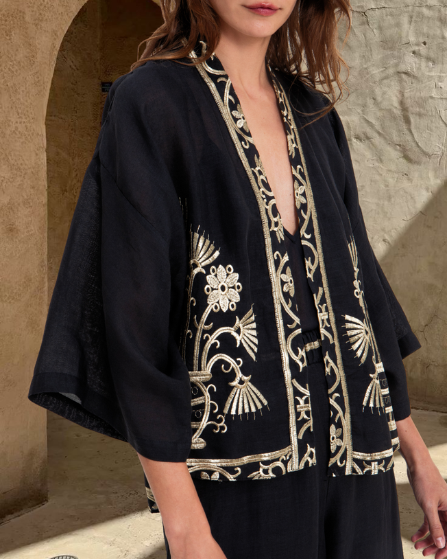 Crete Short Kimono and Elastic Waistband Pants Embroidered Set - Black Gold