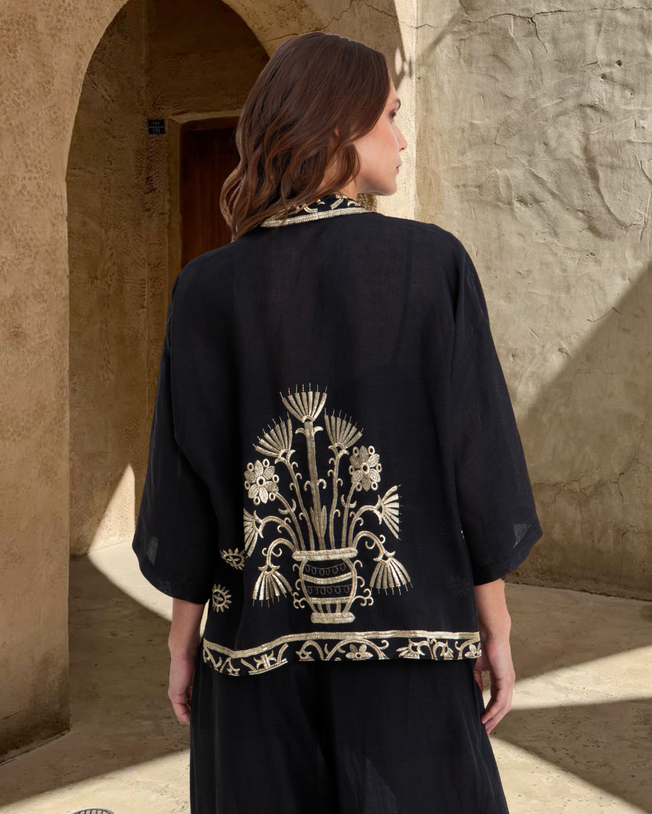 Crete Short Kimono and Elastic Waistband Pants Embroidered Set - Black Gold