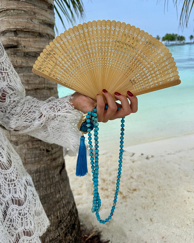 Fantasqiue Detachable Fans on Crystals with Turquoise Stones Chain Necklaces