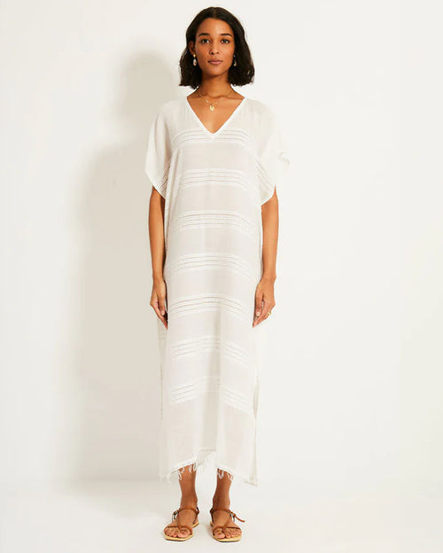Dalila V-Neck Long Kaftan Dress in Abira White