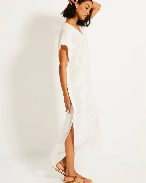Dalila V-Neck Long Kaftan Dress in Abira White