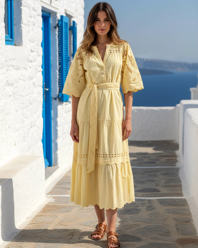 Dahlia Buttermilk Cuckoo Flower Embroidered Dress with Belt