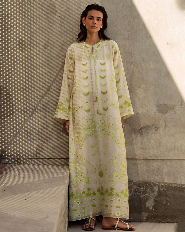 Dahlia Kaftan - Sage Green and Beige Embroidered Maxi Dress