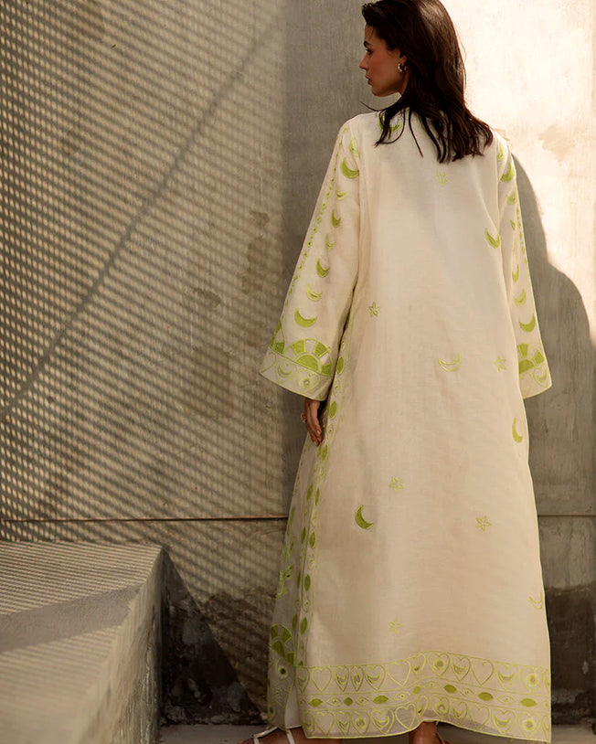 Dahlia Kaftan - Sage Green and Beige Embroidered Maxi Dress