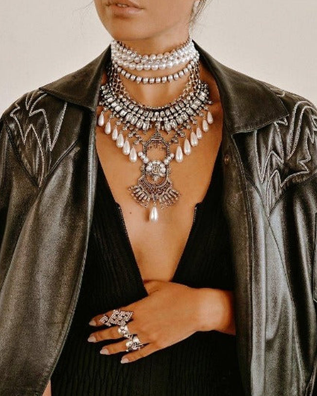 DANE - Brass with Swarovski Crystals & Pearls, Hand-Cast Art Deco Pendant with Edgy Pearl Necklace with Crystals and Intricate Metallic Pendant