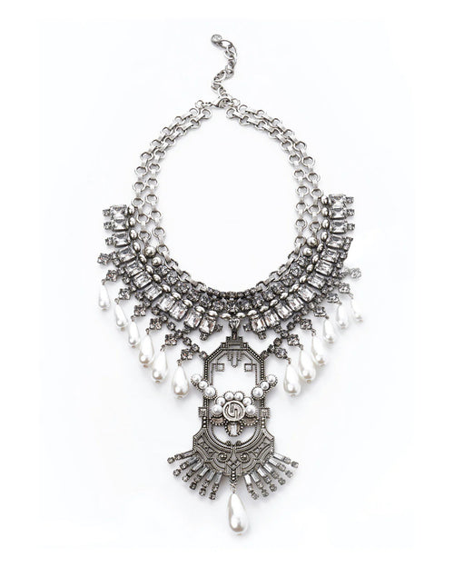 DANE - Brass with Swarovski Crystals & Pearls, Hand-Cast Art Deco Pendant with Edgy Pearl Necklace with Crystals and Intricate Metallic Pendant
