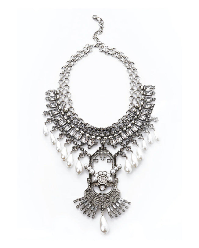 DANE - Brass with Swarovski Crystals & Pearls, Hand-Cast Art Deco Pendant with Edgy Pearl Necklace with Crystals and Intricate Metallic Pendant