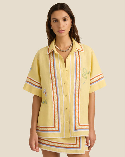 Darcy Shirt and Zuri Mini Skirt Charm Embroidery Linen Set