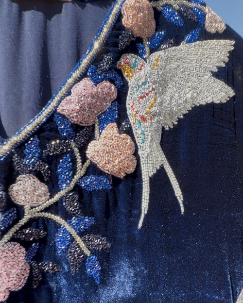 Dark Blue Velvet V-Neck with Cutdana Bird & Floral Motif Hand Emb Around Neckline and Sleeves Bird Motif All Over Jalabiya