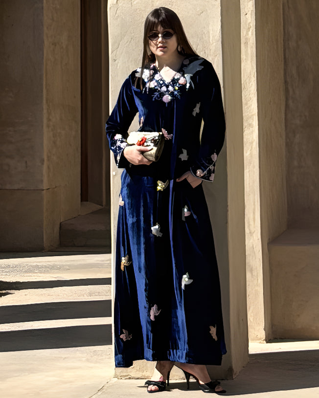 Dark Blue Velvet V-Neck with Cutdana Bird & Floral Motif Hand Emb Around Neckline and Sleeves Bird Motif All Over Jalabiya