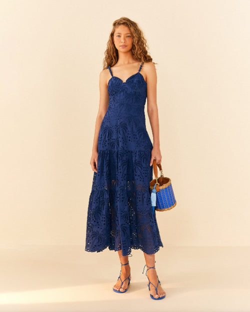 Deep blue palm tree richilier midi dress