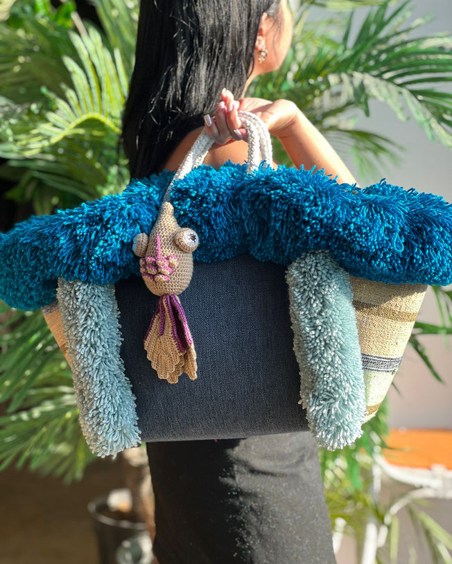 Dokuma Denim Bag With Playful Pompoms And Hand-Knit Charm