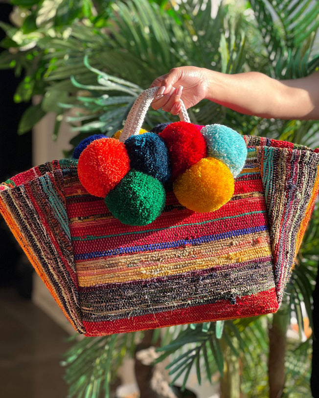 Dokuma Dunes Basket Bag With Playful Pompoms
