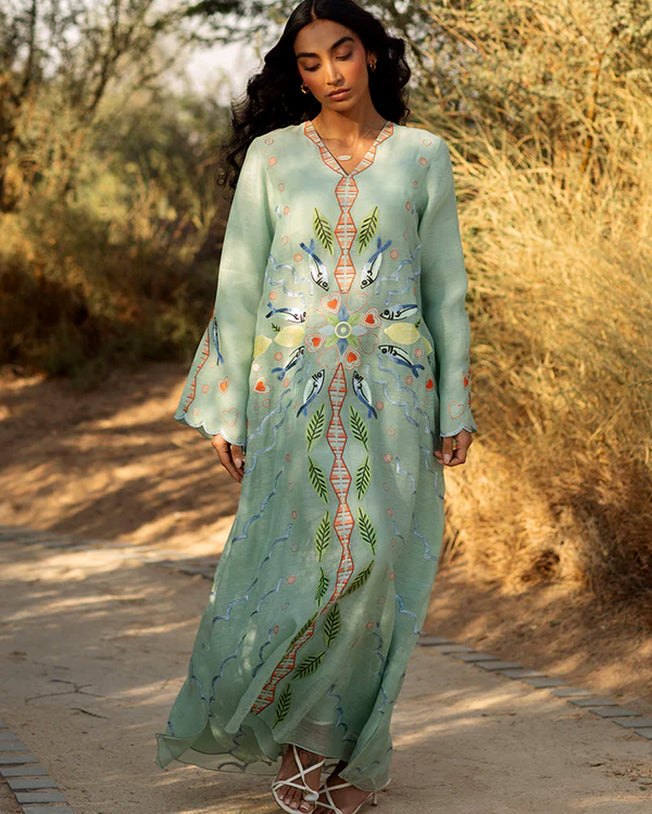 Dora Kaftan - Light Green Flowing Long Dress with Fish and Floral Embroidery